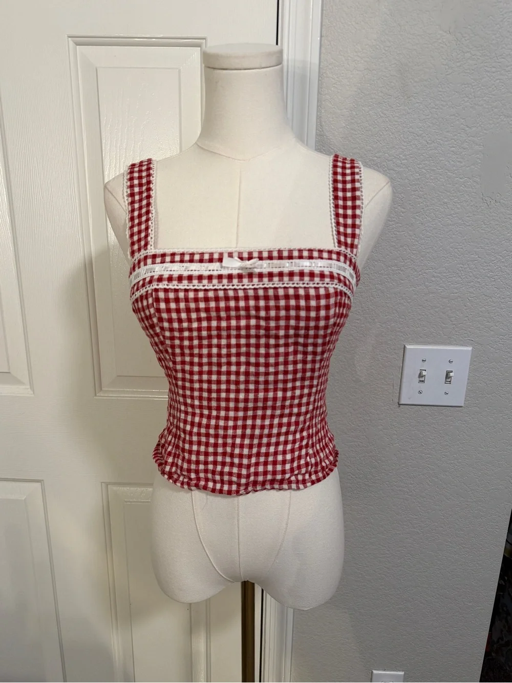 Reformation Red Gingham Lace-Trim Square Neck Crop Top - Picture 2 of 5